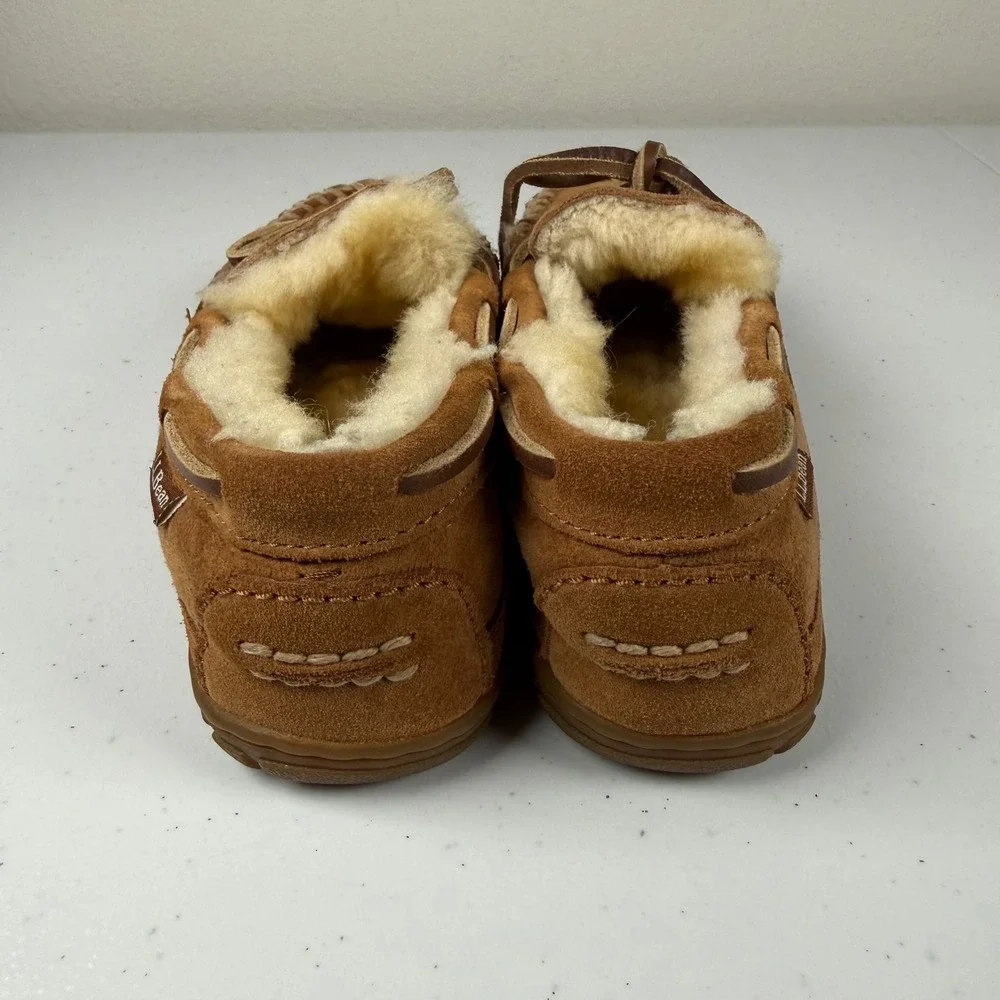LL Bean Kids 5 Wicked Good Moccasin Slippers Brown Suede Shearling Cozy Gorpcore